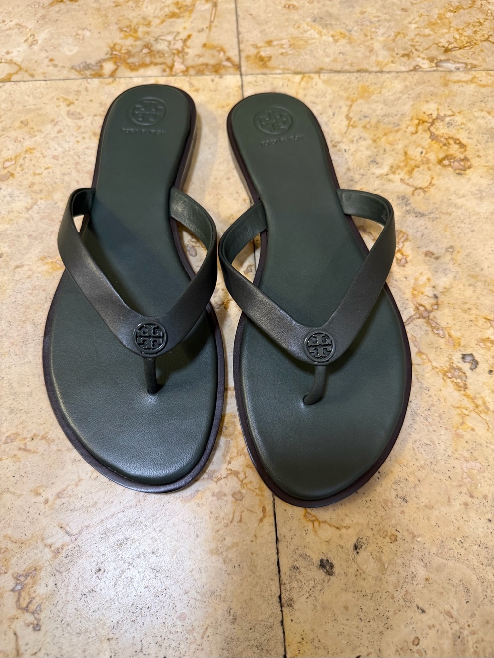 Tory Burch Dark Olive Logo Thong Sandals